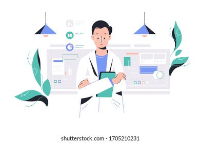 Scientist Man Working In Laboratory Vector Illustration. Male In Uniform And Glasses With Research Clipboard Flat Style. Investigation In Modern Lab. Isolated On White Background