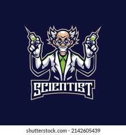 Scientist mascot logo design vector with modern illustration concept style for badge, emblem and t shirt printing. Scientist illustration with syringe in hand.