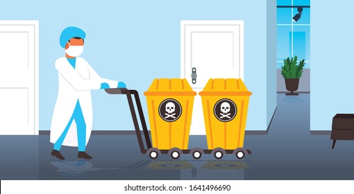 scientist in mask pushing biohazard containers with skull and bones on trolley stop coronavirus epidemic MERS-CoV concept wuhan 2019-nCoV pandemic health risk full length horizontal vector