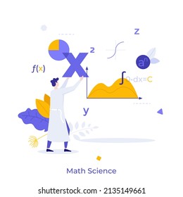 Scientist or mathematician moving variables of differential equation, charts and graphs. Concept of mathematics, mathematical science, algebra or calculus. Modern flat vector illustration for poster.