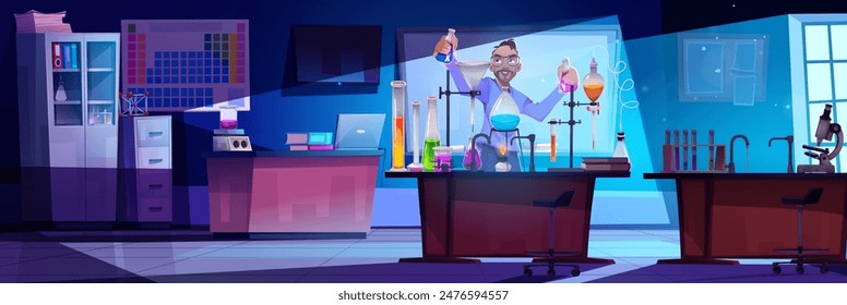 Scientist in medical research laboratory vector illustration. Chemical lab experiment with scientific equipment cartoon design. College professor character work on virus vaccine in tube background