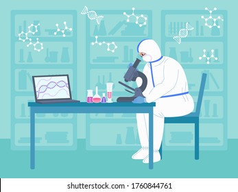 Scientist men works microscope in protective suits. Chemical lab research flat cartoon character. Discovery vaccine coronavirus. Scientist flasks, microscope, computer working antiviral development