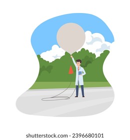 Scientist meteorologist with a big balloon experiments with weather and atmosphere, vector illustration. Young man or male student with instruments and equipment exploring nature. Flat cartoon style.