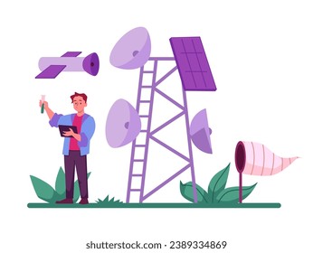 Scientist meteorologist experiments with weather, vector illustration isolated on white. Young man with instruments and equipment exploring nature. Male student outdoor. Drawing in flat cartoon style.