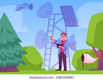 Scientist meteorologist experiments with weather, vector illustration. Young man with instruments and equipment exploring nature. Male student outdoor in the forest. Drawing in flat cartoon style.