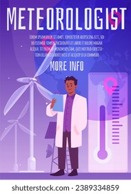 Scientist meteorologist on poster, vector illustration. Young man with instruments and equipment. Template of banner or card. Design for scientific publications. Drawing in flat cartoon style.