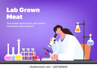 scientist with microscope analyzing cultured red raw meat made from animal cells artificial lab grown meat production