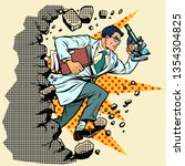 scientist with microscope breaks a wall, destroys stereotypes. Moving forward, personal development. Pop art retro vector illustration vintage kitsch