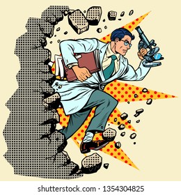 scientist with microscope breaks a wall, destroys stereotypes. Moving forward, personal development. Pop art retro vector illustration vintage kitsch