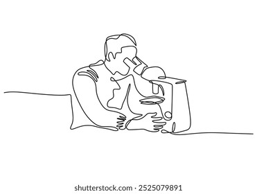 scientist with microscope continuous one line drawing. Scientist and research concept. Vector illustration minimalist background.