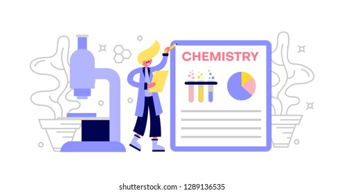 Scientist with a microscope near the board. Flat vector illustration