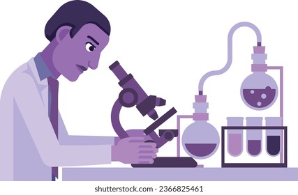 A scientist at a microscope on a lab bench with beakers and test tubes