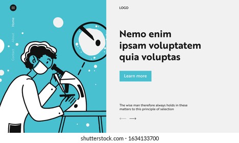 Scientist with microscope studying virus. Man in white coat and mask, probe, sample flat vector illustration. Laboratory, chemical analysis concept for banner, website design or landing web page