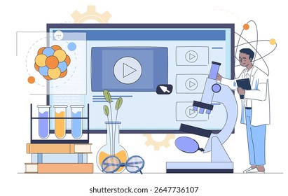 Cientista com microscópio assistindo vídeos educativos, cercado por equipamentos de laboratório, modelo de átomos e tubos de teste em fundo branco. Conceito de aprendizado de ciência online. Ilustração vetorial
