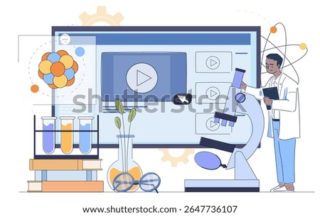 Scientist with microscope watching educational videos, surrounded by lab equipment, atom model, and test tubes on white background. Concept of online science learning. Vector illustration
