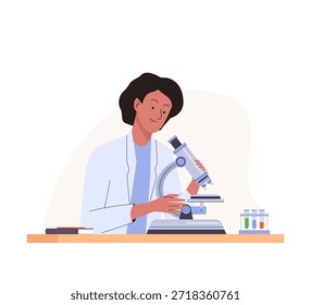 Scientist with microscope. Woman in lab coat looks into a microscope conducting medical or chemical research or analysis. Vector illustration