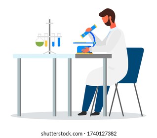 Scientist with mircoscope sitting at table. Engineer man wearing white gown exploring elements. Laboratory experiment, research. Lab assistant isolated at white background with samples in tubes