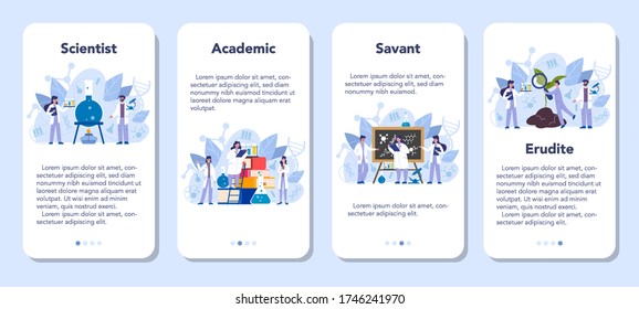 Scientist mobile application banner set. Idea of education and innovation. Biology, chemistry, medicine and other subjects systematic study. Isolated flat illustration
