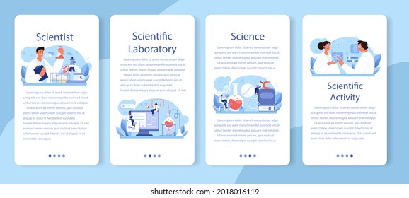 Scientist mobile application banner set. Idea of education and innovation. Biology, chemistry, medicine and other subjects systematic study. Isolated flat illustration