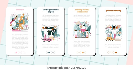 Scientist mobile application banner set. Idea of education and innovation. Biology, chemistry, medicine and other subjects systematic study and research. Flat vector illustration