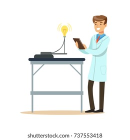 Scientist in modern laboratory conducting experiments with lamp bulb