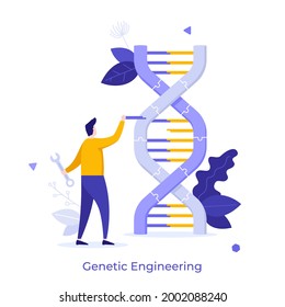 Scientist modifying DNA molecule using wrench. Concept of genetic engineering or modification, manipulation of genes using biotechnology, molecular biology. Modern flat vector illustration for banner.