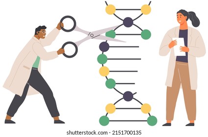 Scientist modifying DNA molecule using scissors. Genetic engineering or modification, manipulation of genes using biotechnology, molecular biology. Man conducting experiment with dna structure