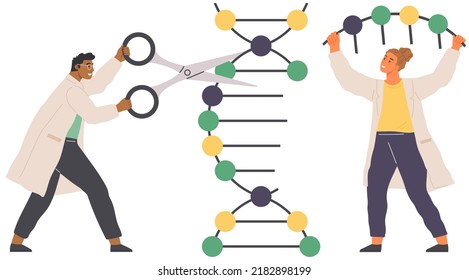 Scientist modifying DNA molecule using scissors. Genetic engineering or modification, manipulation of genes using biotechnology, molecular biology. Man conducting experiment with dna structure