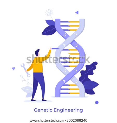 Scientist modifying DNA molecule using wrench. Concept of genetic engineering or modification, manipulation of genes using biotechnology, molecular biology. Modern flat vector illustration for banner.