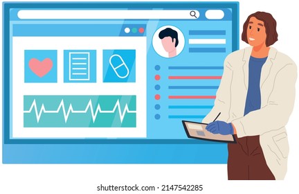 Scientist monitoring medical research progress. Guy in lab coat analyses result of diagnosis. Man looking at cardiogram, cardiology analysis. Medical specialist working with info of patient