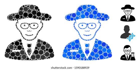 Scientist mosaic of filled circles in variable sizes and color hues, based on scientist icon. Vector filled circles are organized into blue composition.