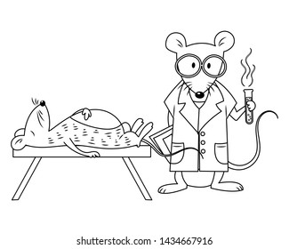 A scientist mouse vector illustration cartoon. A scientist mouse revive a dead mouse. Mouse funny cartoon colorless for coloring book. 