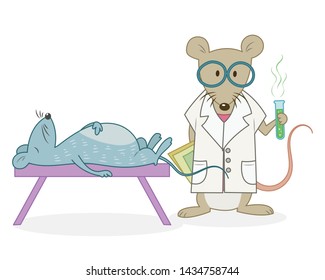A scientist mouse vector illustration cartoon. A scientist mouse revive a dead mouse. Mouse funny cartoon. 