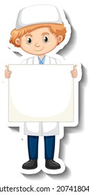 Scientist muslim boy holding empty board sticker illustration