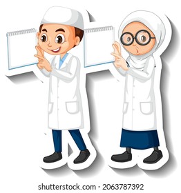 Scientist muslim couple kids cartoon character sticker illustration