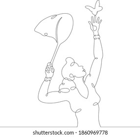 Scientist naturalist entomologist with butterfly net in hand catching butterflies. One continuous drawing line, logo single hand drawn art doodle isolated minimal illustration.