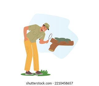 Scientist Naturalist Explore Fauna Creatures in Natural Habitat. Zoologist Male Character Looking on Lizard through Magnifying Glass. Man Naturalist Learning Animal. Cartoon People Vector Illustration