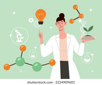 Scientist with new idea. Young girl studies chains and molecules. Biology and chemistry. Development of medicines and cosmetic products. Medical poster or banner. Cartoon flat vector illustration