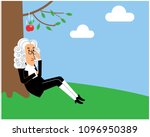 Scientist Newton sitting under the tree while the apple falling on to his head. 