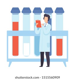 Scientist next to giant test tubes. Vector illustration.