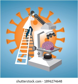 Scientist observing brain in microscope, big Corona virus in background. Vector illustration.