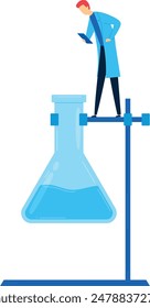 Scientist observing large blue fluidfilled beaker, analysis, isolated white background. Male researcher analyzing experimental data tablet, giant laboratory equipment, conceptual illustration. Young