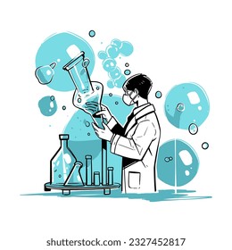 A scientist observing a reaction in a laboratory test tube, vector illustration