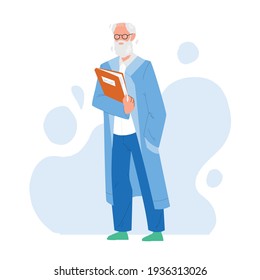 Scientist Old Man In Uniform With Folder Vector. Laboratory Worker Bearded Senior Scientist Wearing Glasses And Professional Costume. Character Science Profession Flat Cartoon Illustration