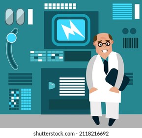 Wissenschaftler auf dem Hintergrund der Versuchsausrüstung. Cartoon-Charakter. Vektorgrafik