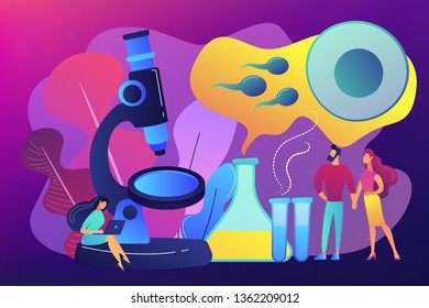 Científico en microscopio trabajando en el tratamiento de la infertilidad para la pareja. Infertilidad, causas de infertilidad femenina, concepto de tratamiento médico de esterilidad. Ilustración aislada del vector violeta brillante brillante brillante brillante