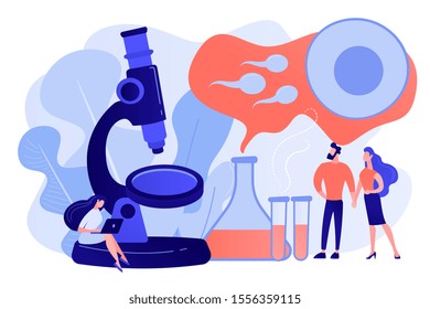 Scientist on microscope working on infertility treatment for couple. Infertility, female infertility causes, sterility medical treatment concept. Pinkish coral bluevector vector isolated illustration