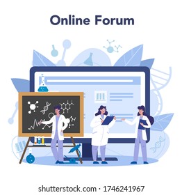 Servicio o plataforma online de científicos. Idea de educación e innovación. Foro en línea. Ilustración plana aislada