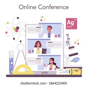 Scientist online service or platform. Idea of education and innovation. Biology, chemistry, medicine. Online conference. Isolated flat illustration