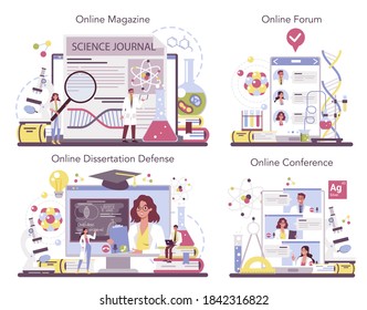 Scientist online service or platform set. Idea of education and innovation. Biology, chemistry, medicine. Online forum, magazine, conference, dessertation defense. Isolated flat illustration